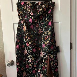 Make a Move Black Satin Floral Jacquard Strapless Midi Dress